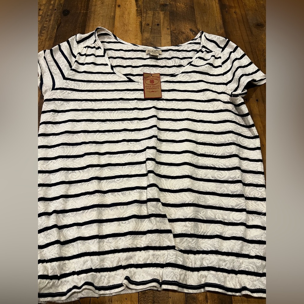 Lucky Brand Lace Stripe Top | XL | NWT ✨ Navy White Gathered Hem Short Sleeve